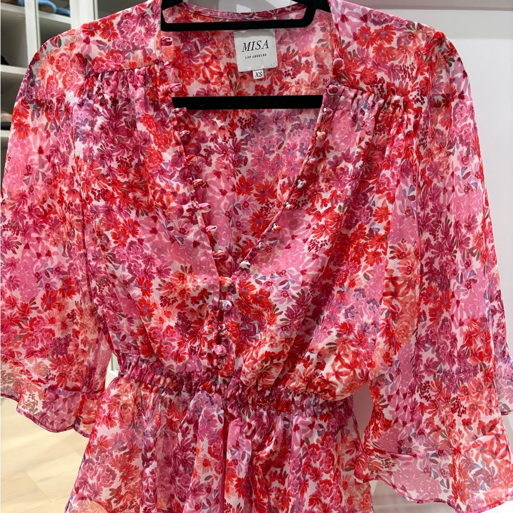 Misa Los Angeles Pink and Red Floral Blouse size XS